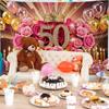Sfondo fotografico 2D per il 50° compleanno, Striscione per festa a tema traguardo color oro rosa
