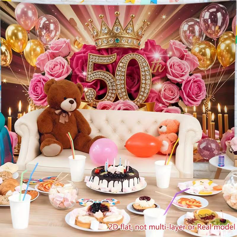 Sfondo fotografico 2D per il 50° compleanno, Striscione per festa a tema traguardo color oro rosa