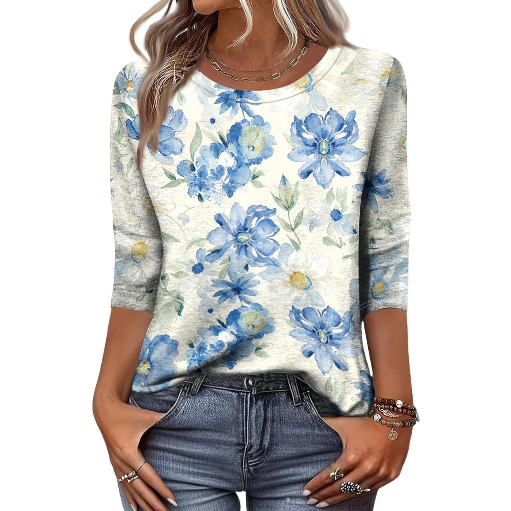 Damen Lässige Blumenprint Rundhals Dreiviertelarm Bluse Leichter Weicher Stoff Bequeme Passform Stilvolles Oberteil für den täglichen Gebrauch