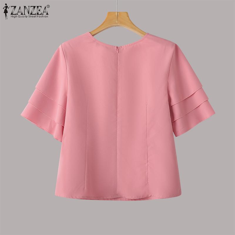 ZANZEA Womens Casual Summer Round Neck Short Sleeve Blouse