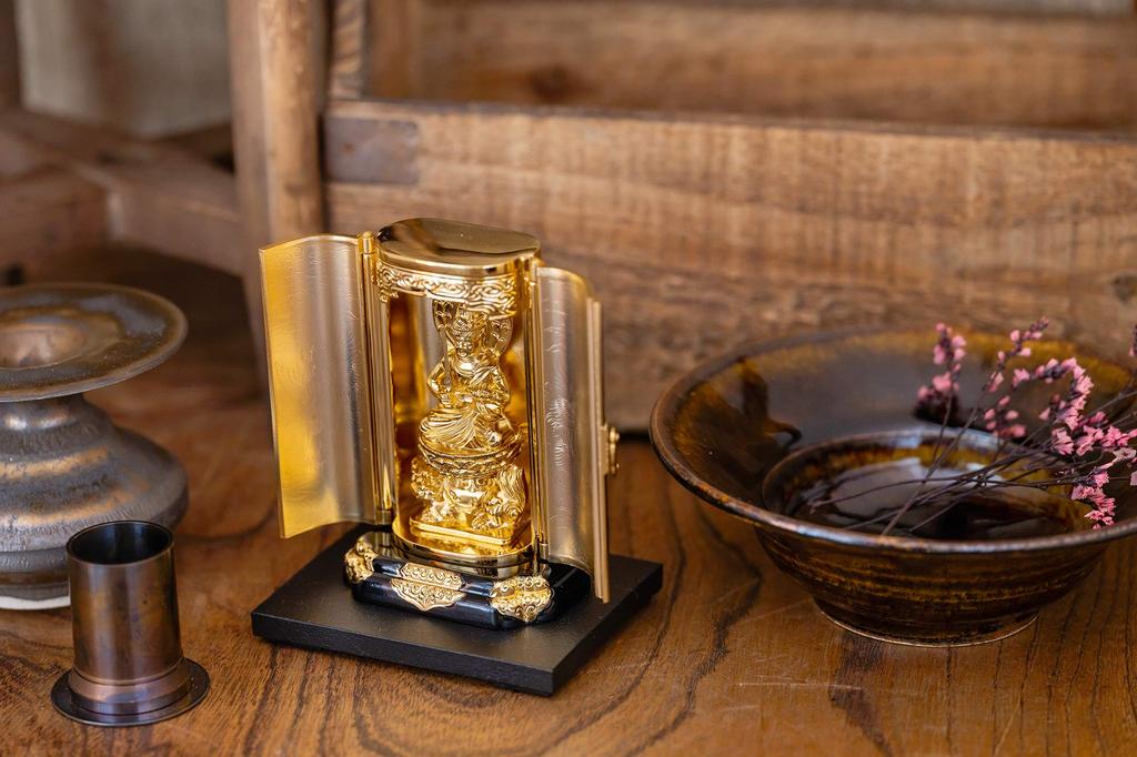 Buddhist Statue of Manjusri Bodhisattva In a Shrine by Sculptor Keishu Original Model In the Year of the Zodiac Guardian Takaoka Bronzeware (gold