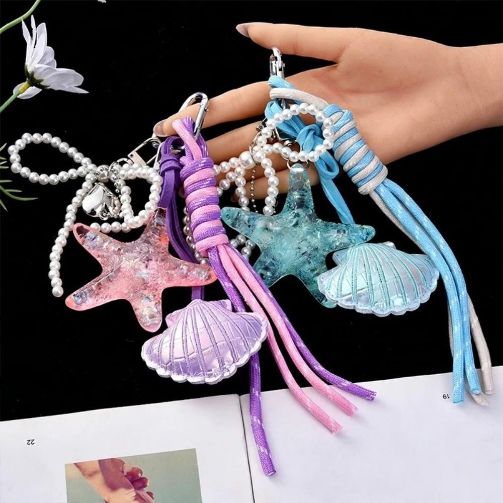 DIY Jewelry Starfish Shell Keychain Pearl Bow Key Ring Fashion Mobile Chain Pendant  Women Girls