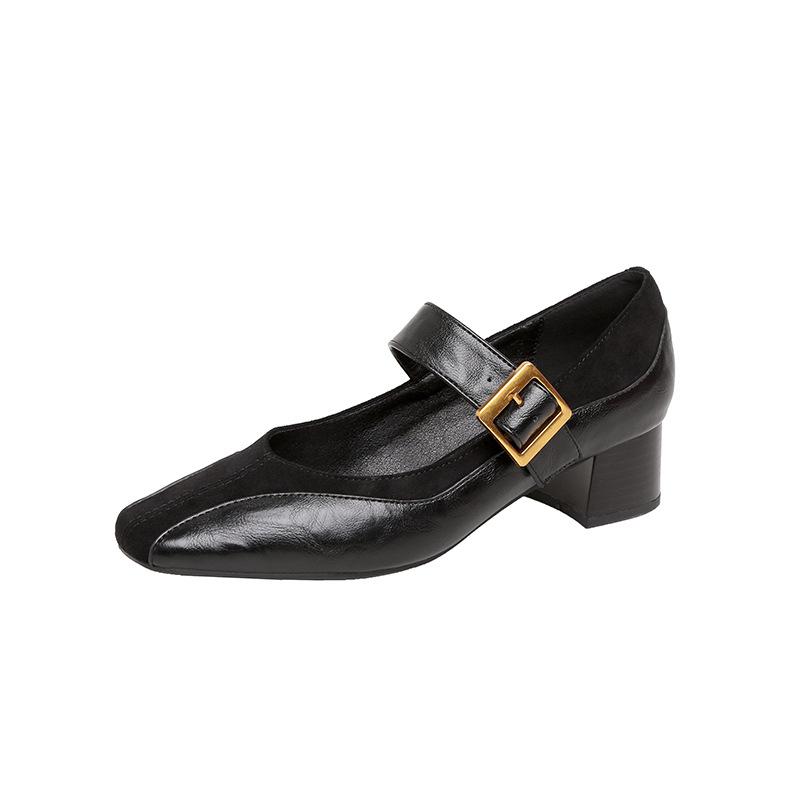 

Весна новая ретро квадратный носок пряжка на одно слово толстый каблук туфли Мэри Джейн модные универсальные туфли-лодочки женские 34