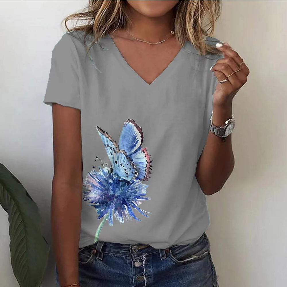 New Women T-shirt Simple Graphic Print Oversized Women's Trending Clothing Fashion Short Sleeve Shirt Women V-Neck Blouse 2024