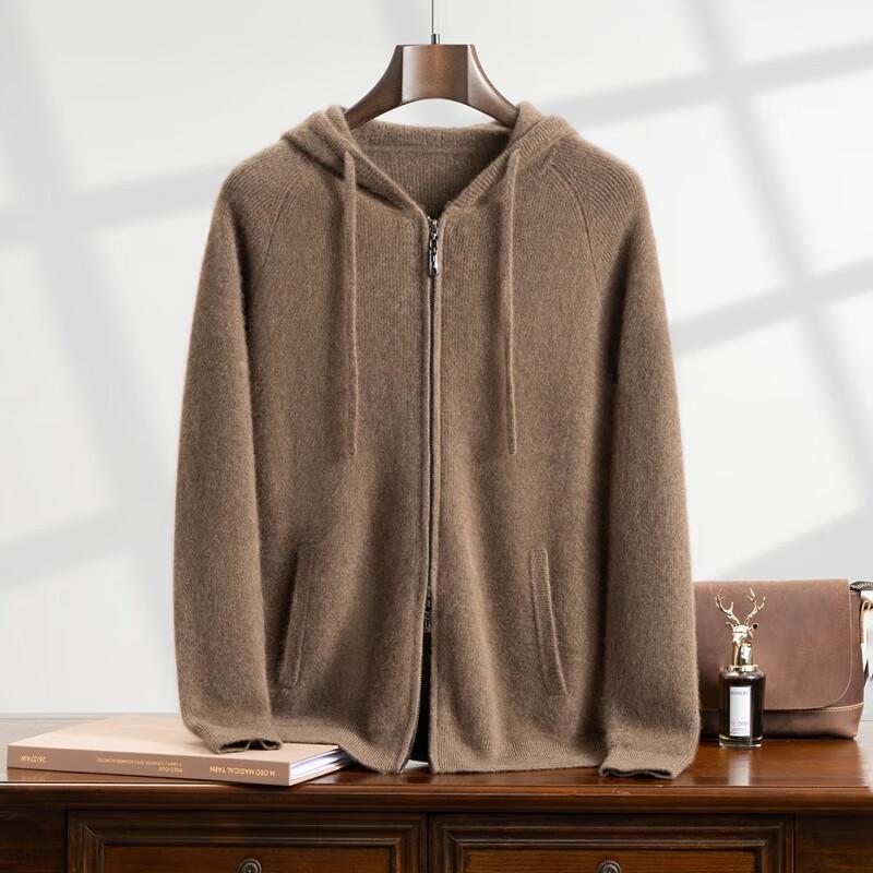Fanzhen Men's 100% Cashmere Hooded Zipper Cardigan Jacket
