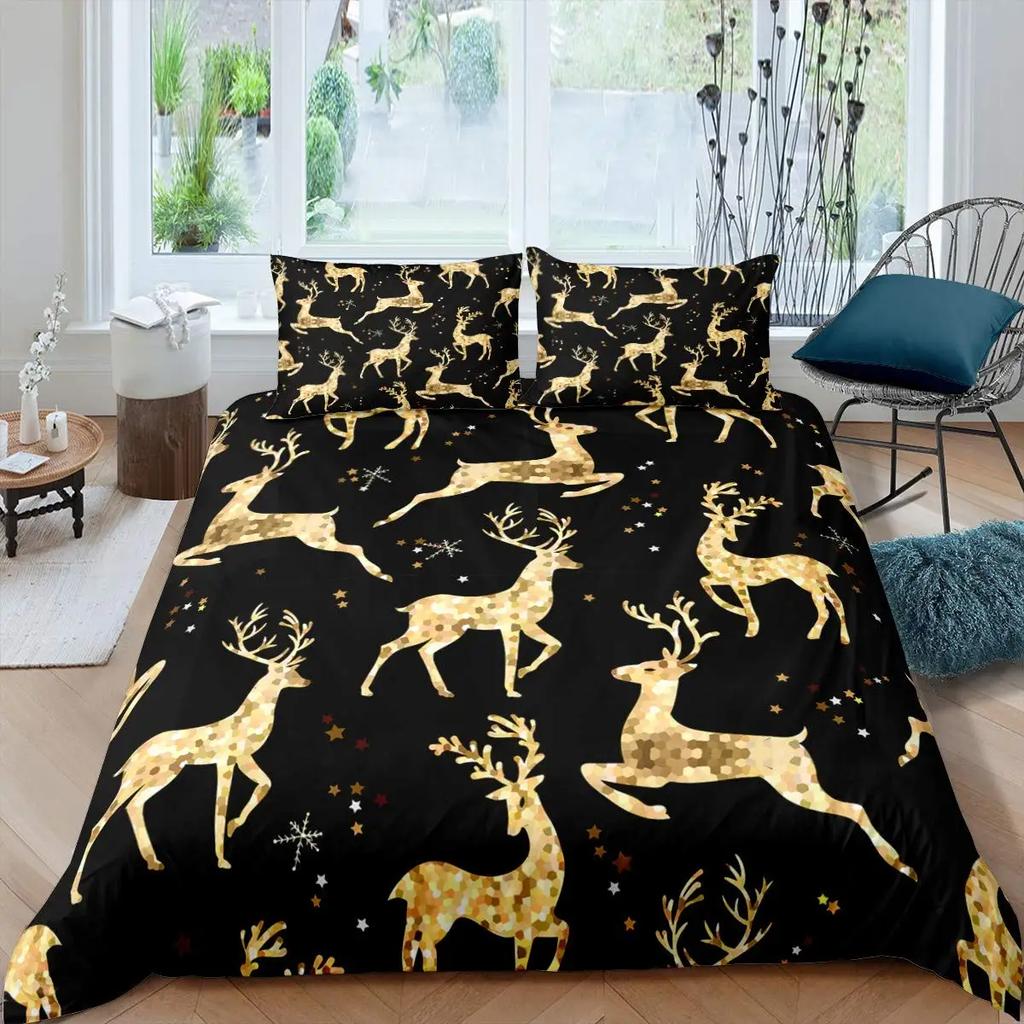 Christmas Tree Duvet Cover Set Blue Xmas Comforter Cover Girly Glitter Elk Bedding Sets Winter Snowflakes Duvet Cover Full Size