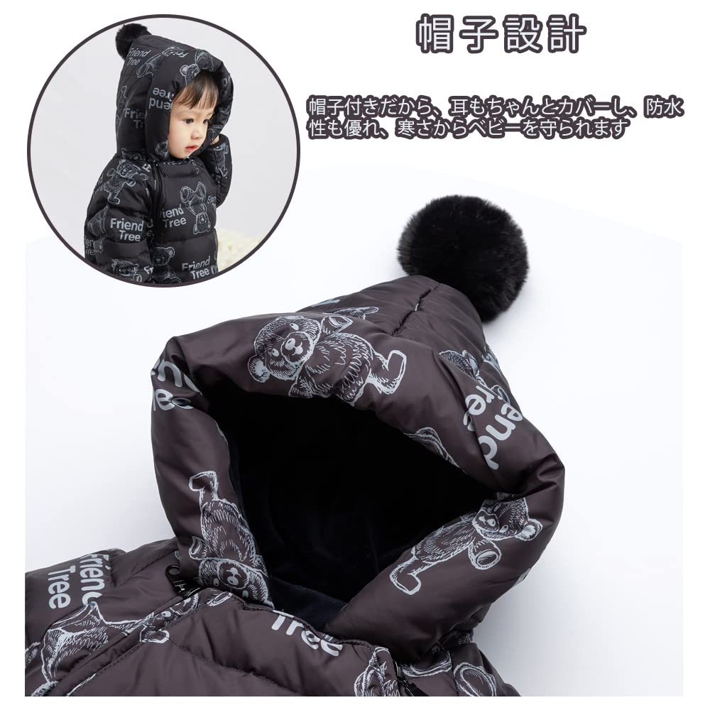 Reegoo Peter Baby Sleeve Romper with Down Winter Size Months Jumpsuit/Coverall/Long Hood, Coat, Wear, Black, 90, 18-24
