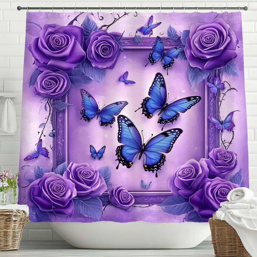 Beautiful Purple Flower Butterfly Style Shower Curtain, Bathroom Decorative Shower Curtain, Waterproof Shower Curtain With Hooks