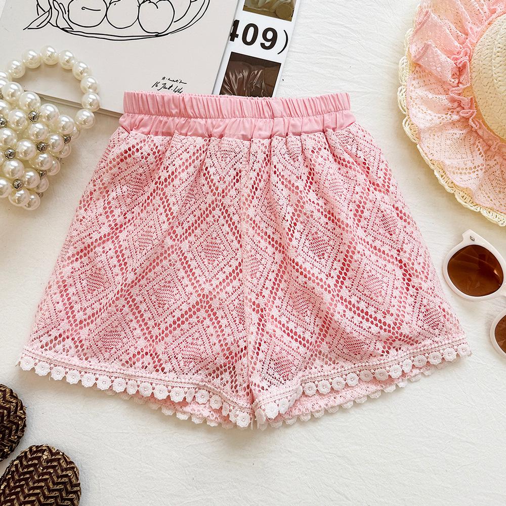 Girls' Pink Lace Hollow Top & Shorts Set - Summer Sunflower Sleeveless Vest & Shorts 2-Piece Set