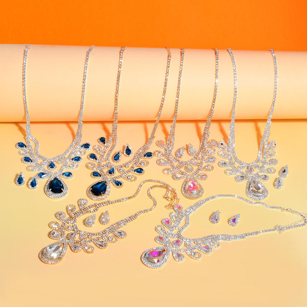 Fashion High-Grade Colourful Teardrop Female Bridal Crystal Full Diamond Necklace Earrings Two-Piece Set Exquisite