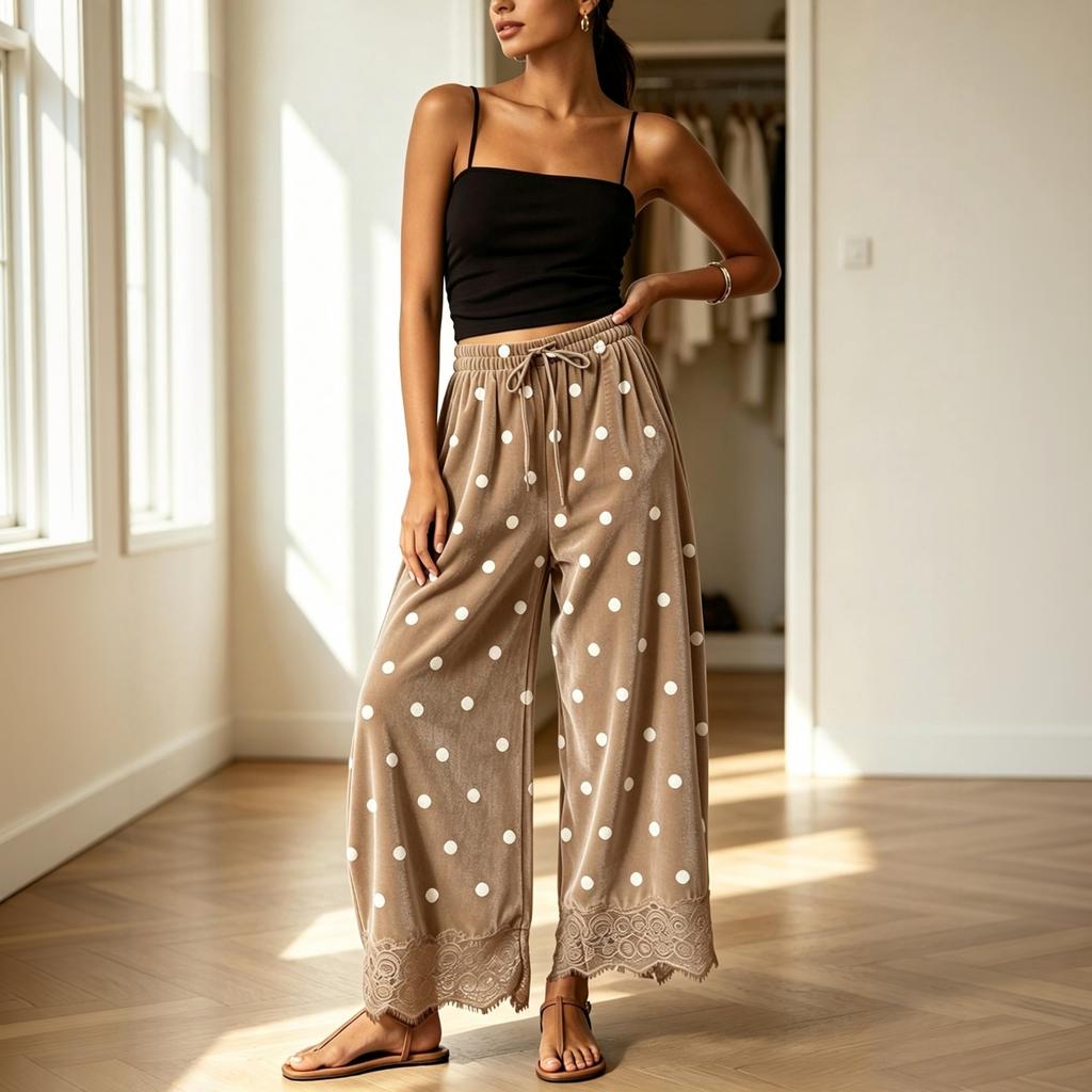 Women's Velvet Wide Leg Pants with Polka Dot Pattern and Lace Trim
