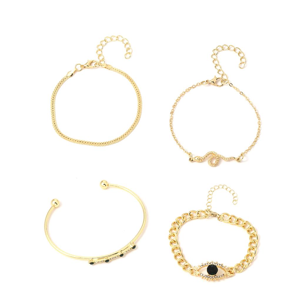 4Pcs Vintage Green Zircon Snake Designs Wrist Chain Metal Bracelet Set Open Cuff Bangles Party Jewelry for Women