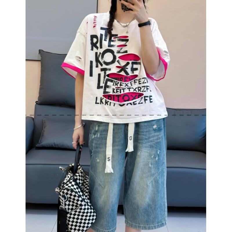 Women s Summer Letter Print Oversized Distressed Short-Sleeve T-Shirt Elegant Slimming Patchwork Color-Block Top 3XL