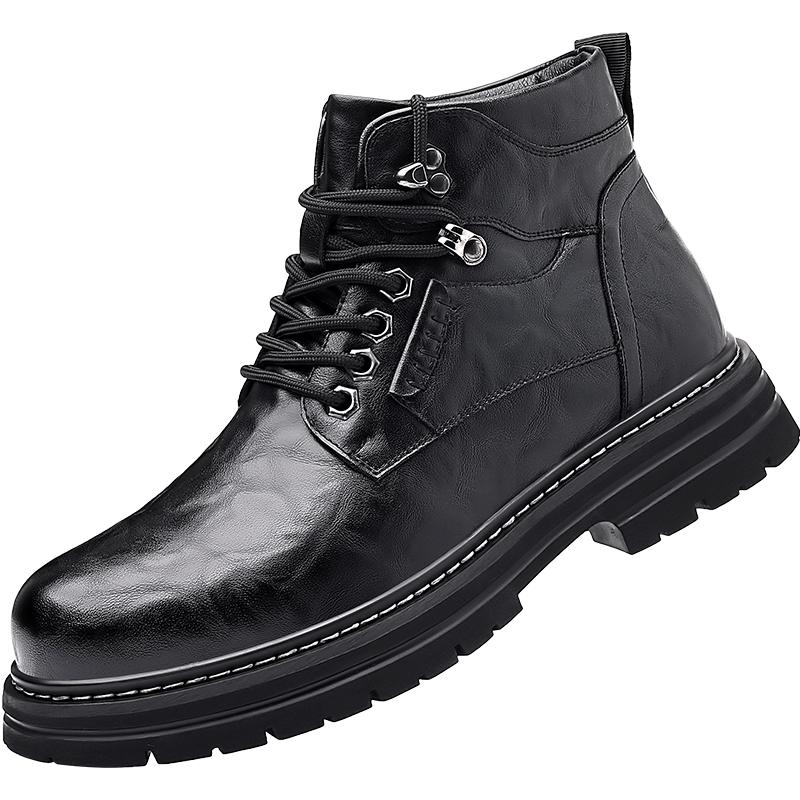 Winter Plush Men Leather Fashion Boots Men Waterproof Lace Up Short Ankle Boots Men Outdoor Platform High Top Motorcycle Boots