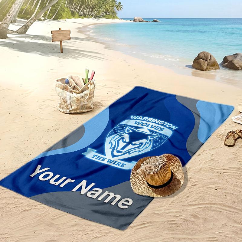 Warrington Wolves FC Personalized Printed Beach Towel Soccer Logo Support Custom Name Text Absorbent Towel For Sport Travel Special Gift