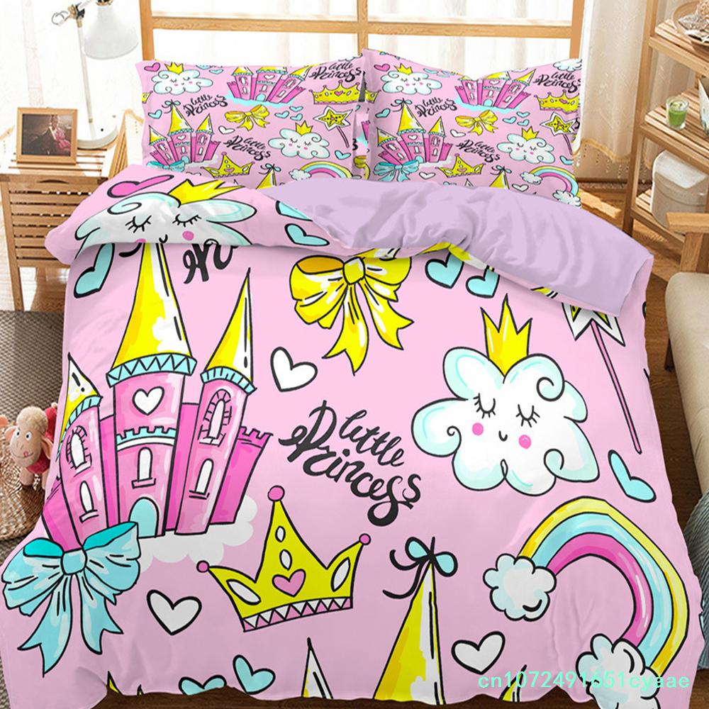 Kids Cartoon Duvet Cover Set Full/Queen Microfiber 3D Bedding Set Soft Pink Castle Princess Comforter Cover With Home Textile