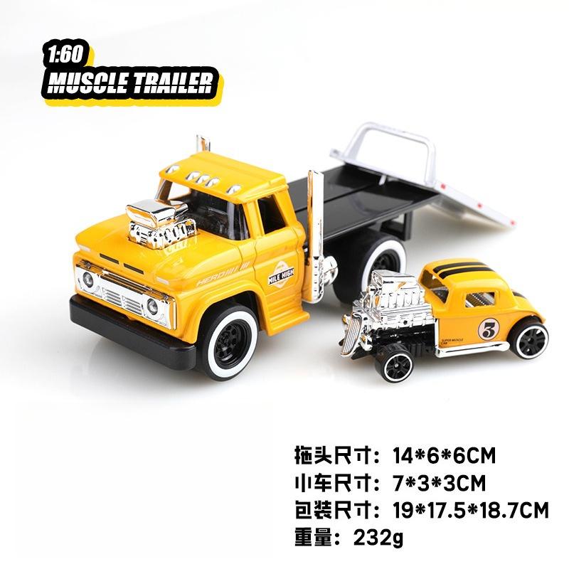 1:60 American MUSCLE TRAILER Alloy Diecast Car Model Toys Sound Light Pull Back Metal Body Rubber Tires Trailer Toys Kids Gifts