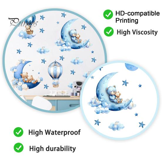 Non Fading PVC Wall Stickers 2Pcs Starry Sky Bear Stickers, Cartoon Moon Hot Air Balloon Decals, Versatile Decals for Glass Blue Peel And Stick