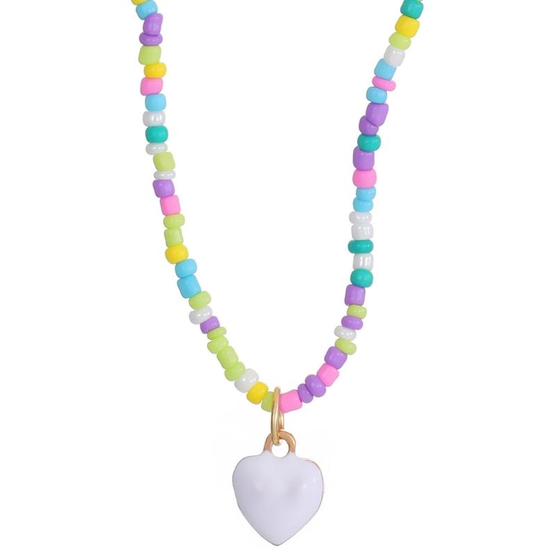 Colorful Beaded Necklaces Women Adjustable Heart Shapes Pendant Neckchains Bohemian Choker Colorful Accessory for Party