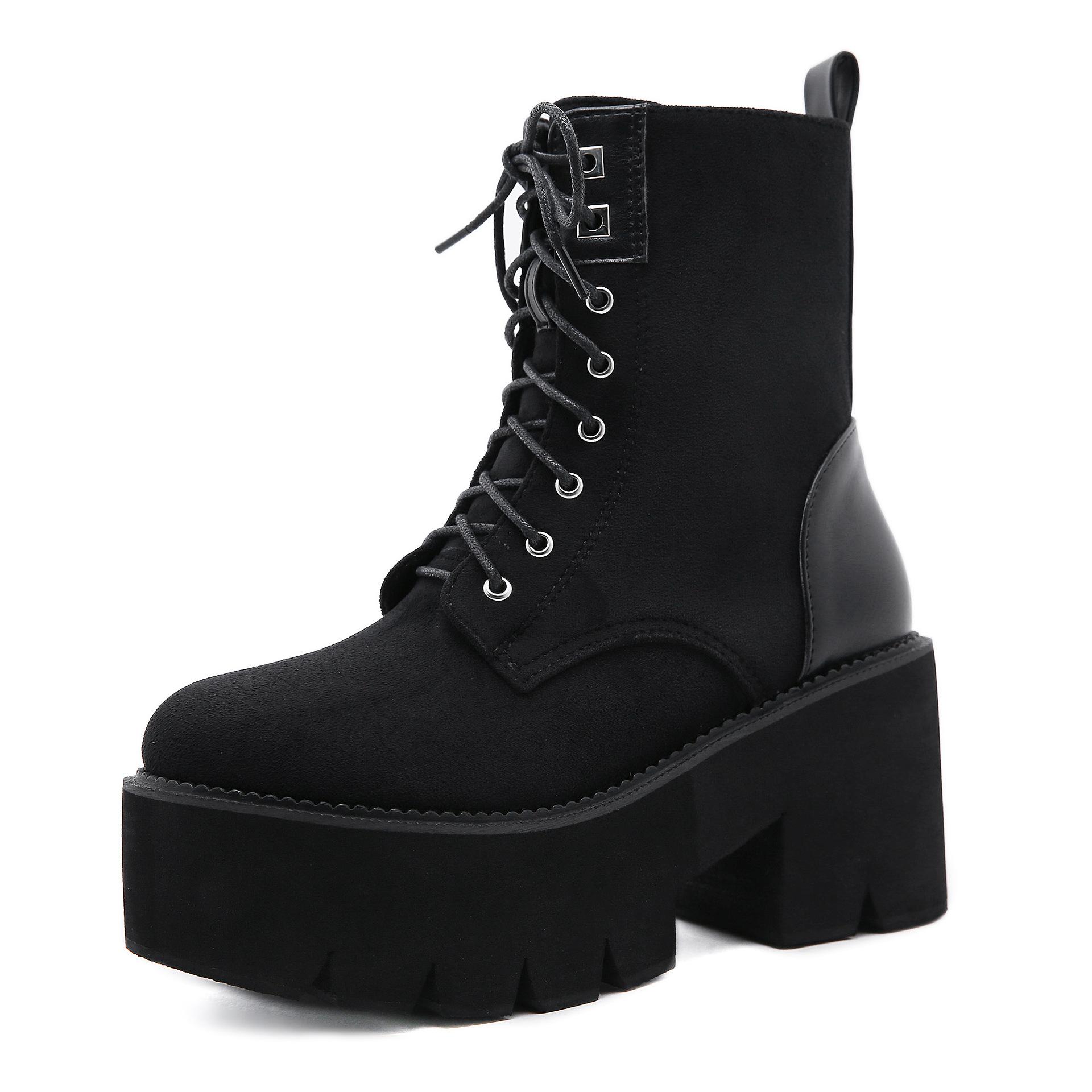 

Side Zipper Martin Boots Thick-soled Front Lace-Up Women s Boots Suede Plain Board Shoes 43 чёрный