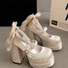 Fashion Women High Heel Shoes Lolita Pumps Fashion Spring Autumn Ladies Outdoor Retro Bow Mary Jane French Elegant 6-8cm High Heels