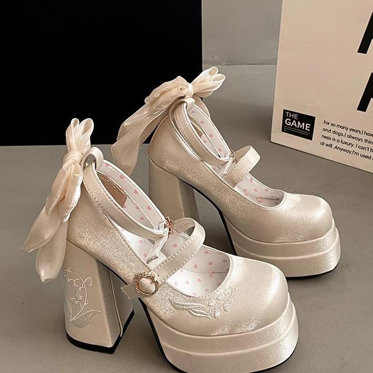 Fashion Women High Heel Shoes Lolita Pumps Fashion Spring Autumn Ladies Outdoor Retro Bow Mary Jane French Elegant 6-8cm High Heels