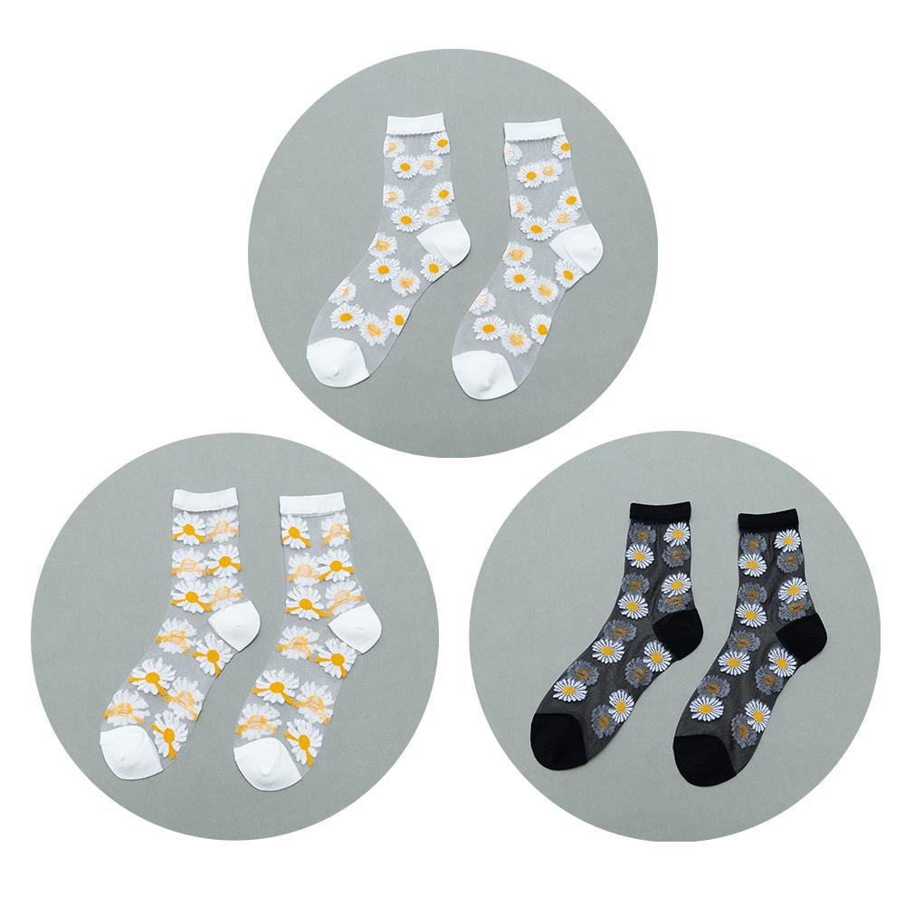 3 Pairs Of Women's Flower Socks Summer Crystal Glass Stockings Medium Short Tube Thin Transparent Daisy  Jacquard Elastic  Socks