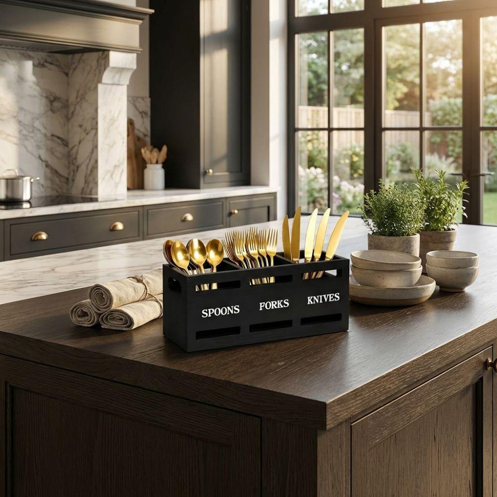 3 Compartments Cutlery Holder Wooden Storage Rack Portable Kitchen Utensil Holder  Table Countertop