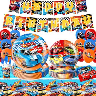 Hot Wheels Racing Geburtstagsfeier Set Pappteller Pappbecher Papiertischdecke Flagge Kuchenstecker Luftballons Feiertagszubehör