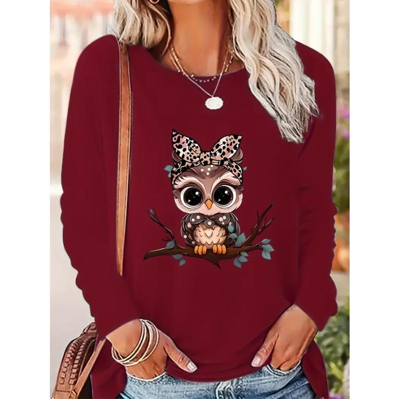 Women's spring and autumn comfortable casual fashion long sleeved cat graphic printed round neck T-shirt