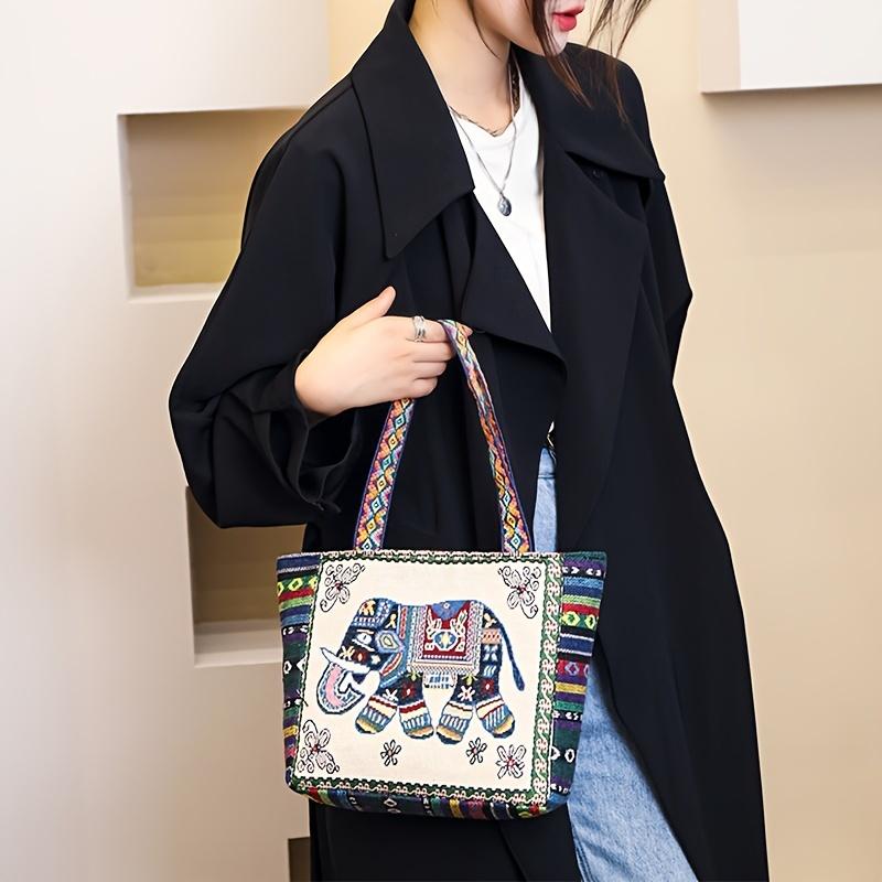 Stylish Ethnic Jacquard Handbag with Zipper Closure, Foldable & Durable for Work or Casual Outings, Work Handbag | Unique Fashion Accessory