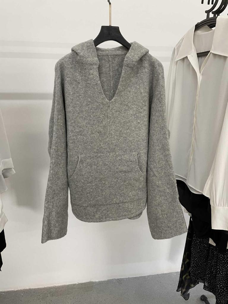 Leisurely Solid Color V-Neck Hooded Oversized Sweater with Kangaroo Pocket
