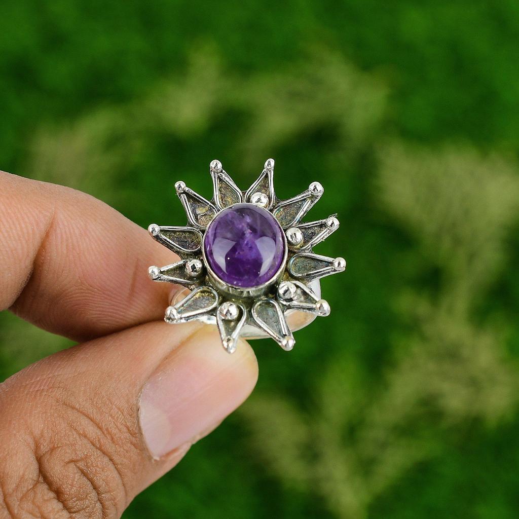 Natural African Amethyst 925 Silver Statement Flower Adjustable Ring For Women
