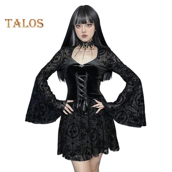 

Женское платье для косплея на Хэллоуин с V-образным вырезом и кружевным ремешком в темном стиле, готическое, средневековое, винтажное, с рукавами-колокольчиками, платье для выступления на сцене L