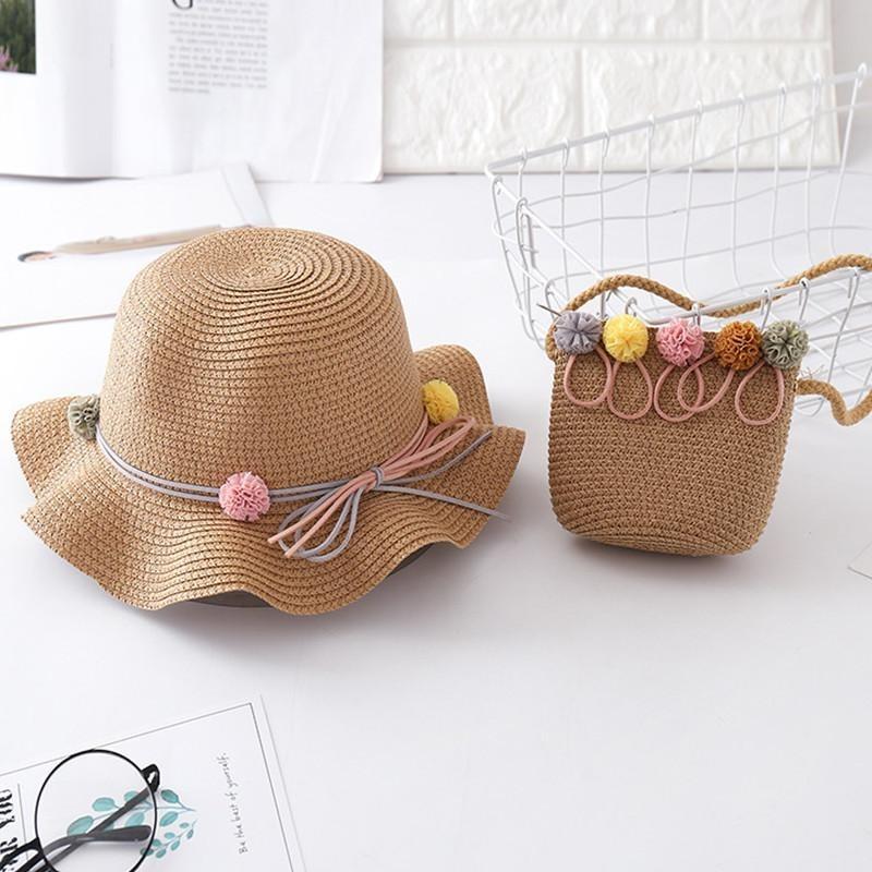 Strohhut für Kinder Sommer Mädchen Strandhut Kinder Sonnenhut Mädchen Sommer Strohhut Tasche Set Sonnenschutz Japan