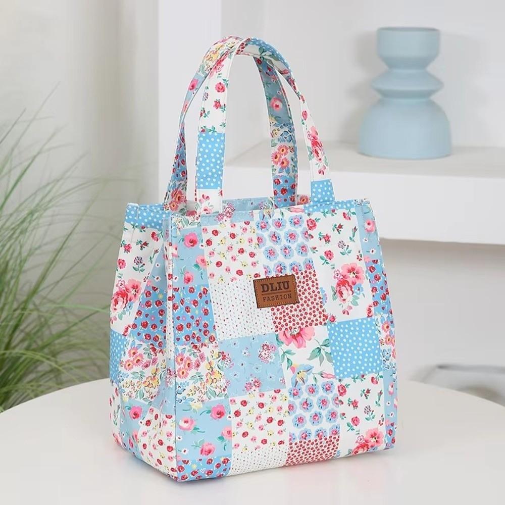 Portable Floral-printed Lunch Box Bag Large Capacity with Zipper Lunch Tote Bag Nylon Picnic Lunchbox Bag