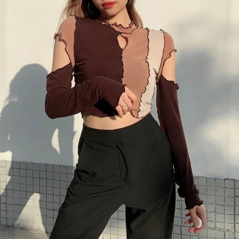 VAYLA Frill T Shirt Cut Out Crop Top For Women Y2K Pullovers Contrast Long Sleeve Short T Shirt Harajuku Clubwear Autumn Top