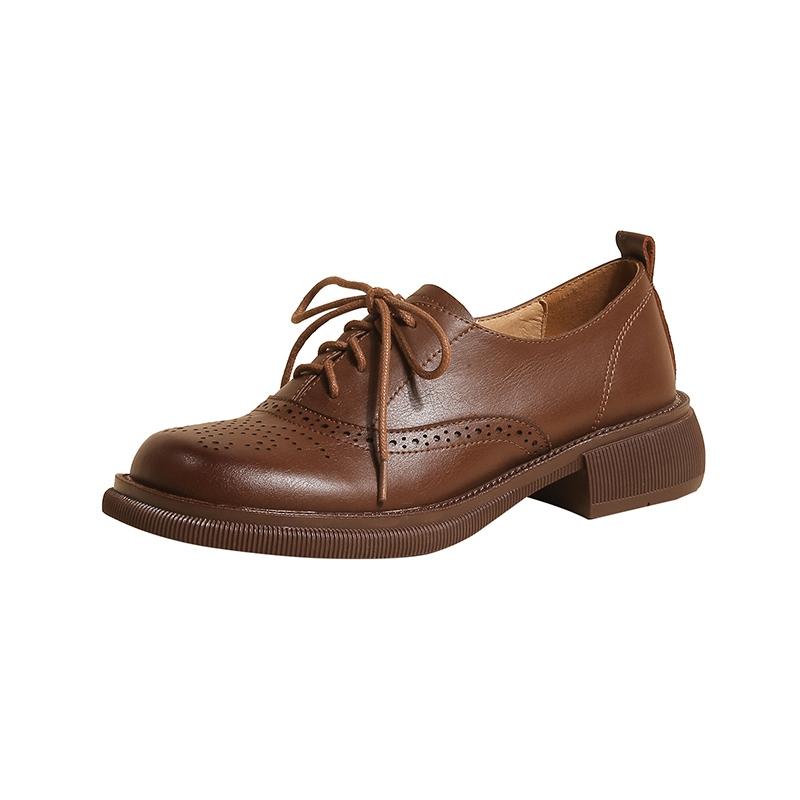 Fashion Women's New Sculptured Comfortable Inner and Outer Leather Thick Sole Round Head Lace up Mid Heel Large Block Oxford Shoes