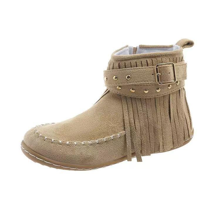 2023 European & American Women's Suede Flat Tassel Ankle Boots with Rivet Buckle