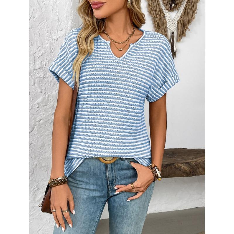 Summer New Women's V-neck Short-sleeved Loose Striped Casual Pullover T-shirt