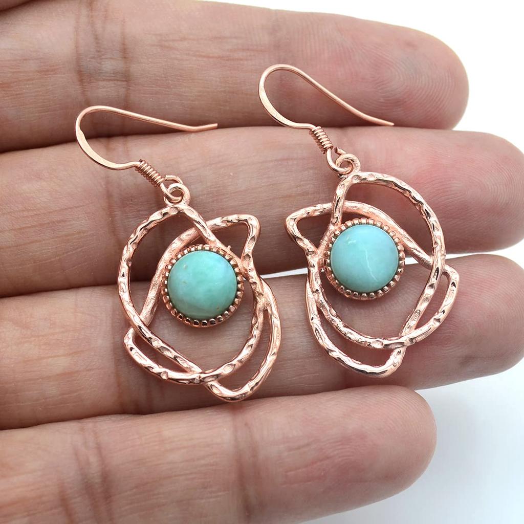 Round Shaped Natural Larimar (5.04 Cts) Solid 925 Sterling Silver Gemstone Dangling Earrings Jewelry For Women or Girls