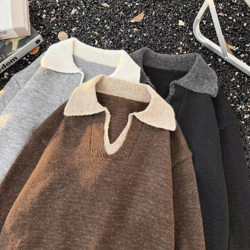 Unisex Oversized Thick Knit Polo Collar Sweater Winter Warm Casual Top In Brown Gray Black