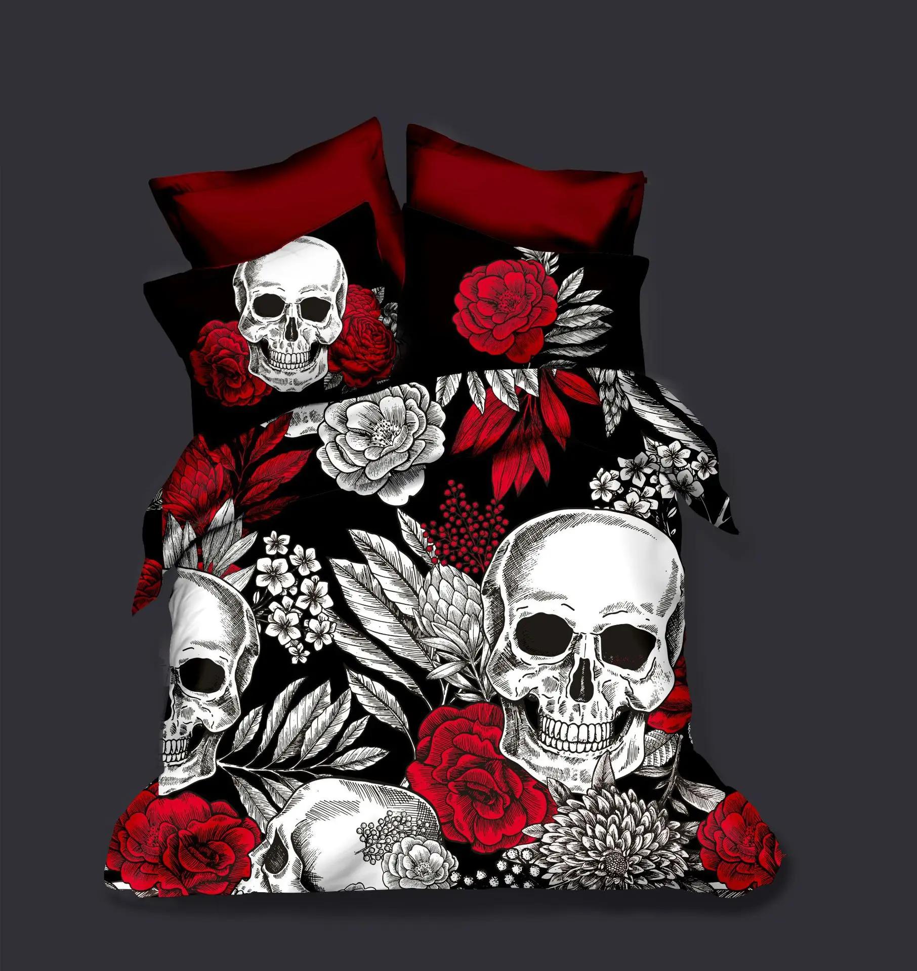 

BEST.WENSD 3 Pcs Bed Set Queen Size Bedding Set Halloween Crown Skull Duvet Cover Pillow Cases Bedroom Gold Bedding Set 228x228 (135x200cm)