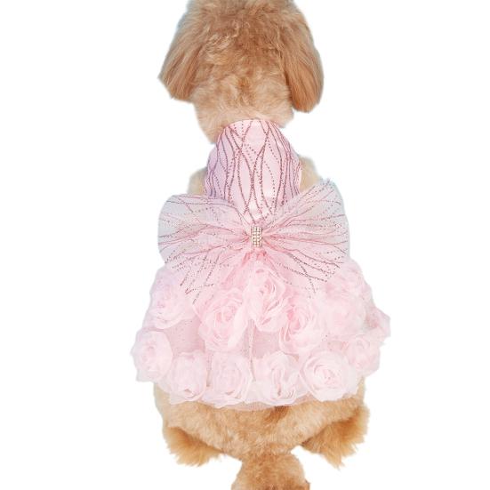 Pet Dress Bow Tie 3D Flowers Sequins Rhinestone Decor Breathable Mesh Pomeranian Chihuahua Puppy