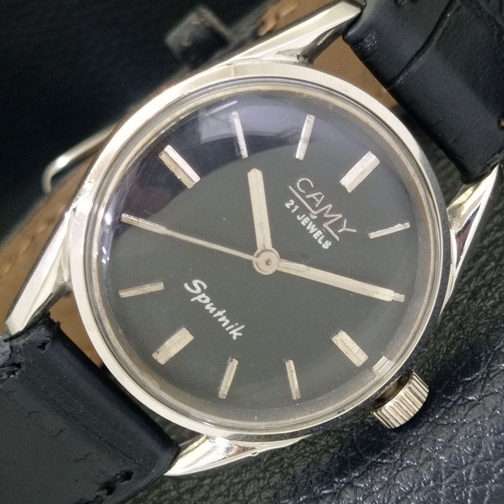 

VINTAGE CAMY SPUTNIK HAND-WINDING SWISS MENS BLACK COLOR DIAL WATCH a703026-1 R212-a703026
