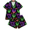 Damen 2-teiliges Pyjama-Set mit kurzärmeligem Knopfleisten-Oberteil und Shorts, weiche bequeme Nachtwäsche für Feiertage und Freizeit