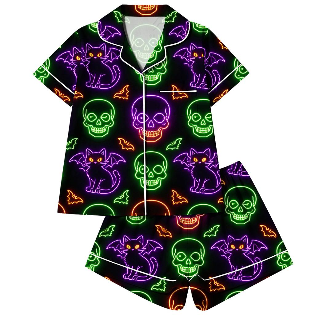 Damen 2-teiliges Pyjama-Set mit kurzärmeligem Knopfleisten-Oberteil und Shorts, weiche bequeme Nachtwäsche für Feiertage und Freizeit