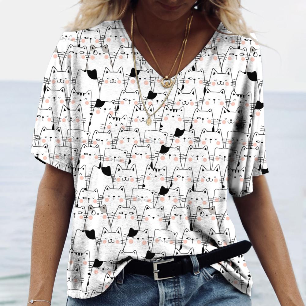 Cartoon Kitten Women's T Shirt Harajuku Clothing Summer V-Neck Girls Pullover  Short Sleeve Tees Female Casual Streetwear