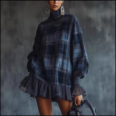 Spring 2025 Women's Plaid Suit Dress with Ruffle Skirt - European & American Style