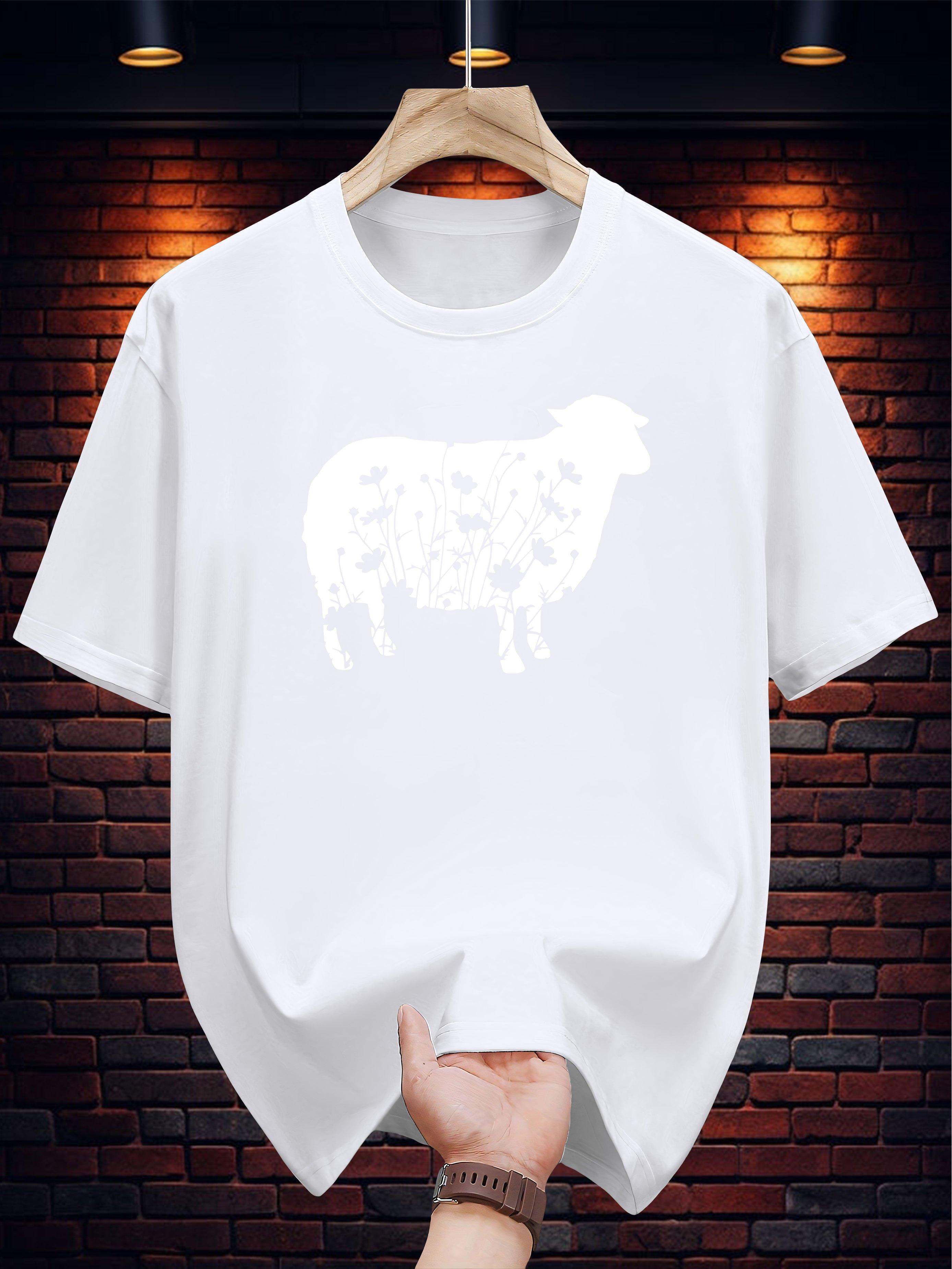 T-shirt with Sheep & Floral Print - Navy Blue Casual Summer Tee XL